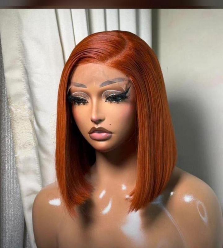 Ginger bone straight bob wig with a 5x5 closure on a mannequin