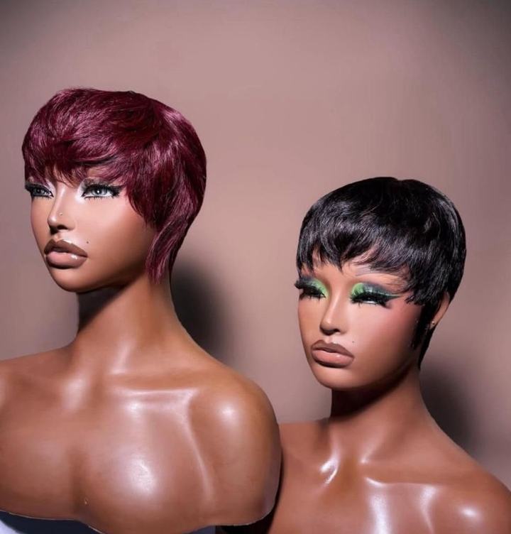 Two short pixie cut wigs with bangs, one burgundy and one jet black